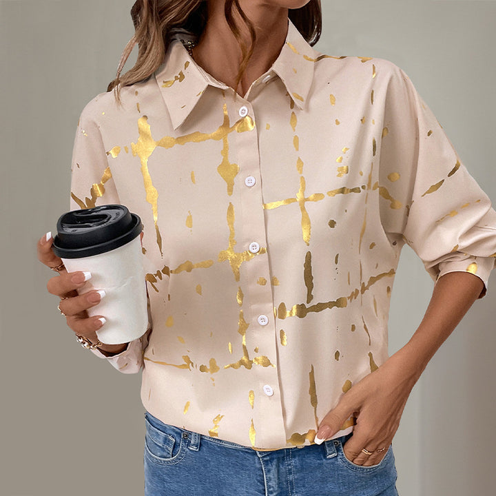 Damen lässige Bluse mit elegantem Goldmuster und lässigen langen Ärmeln Drune