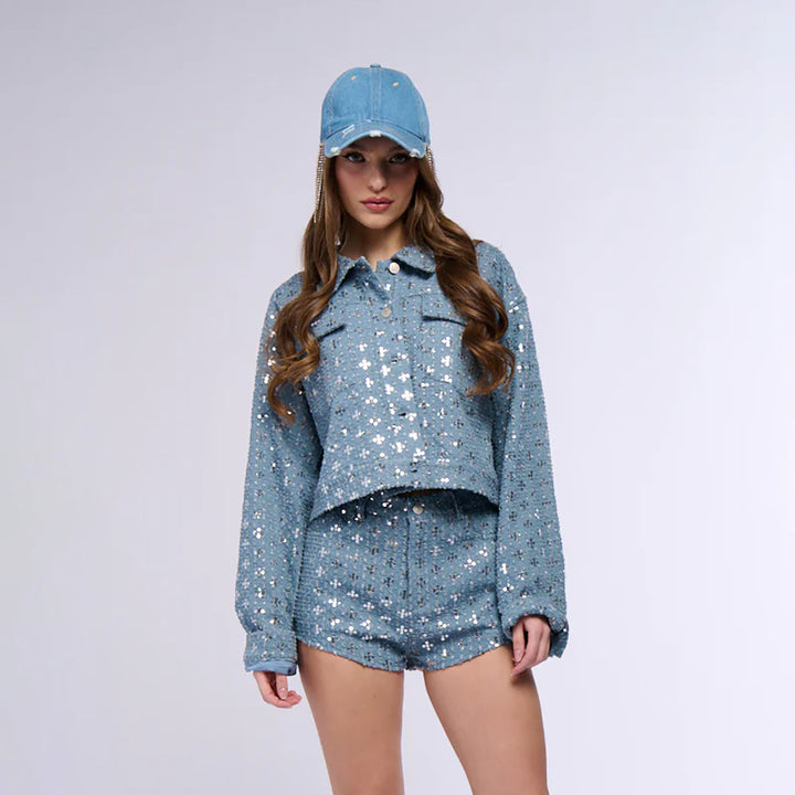 Damen Crop-Jeanjacke mit funkelndem Sternmuster und passender Short Drune