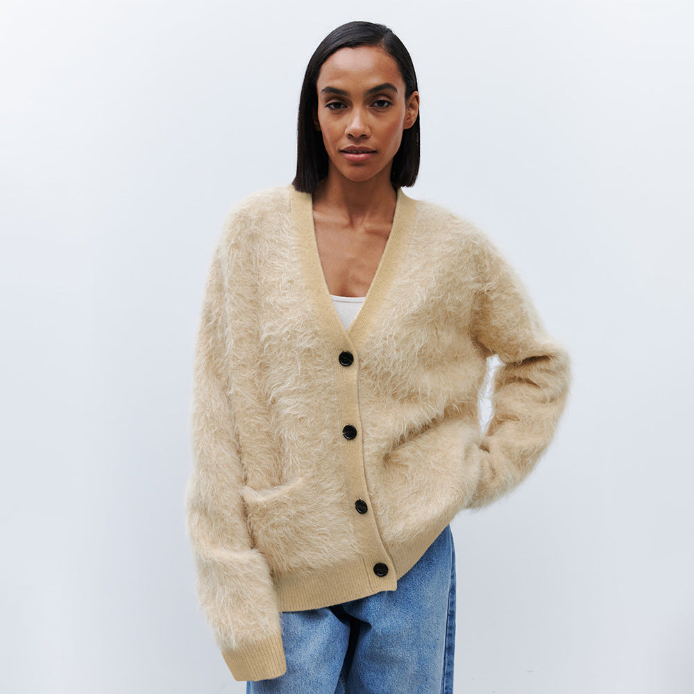 Damen Weicher Cardigan aus Mohair mit Knöpfen Drune
