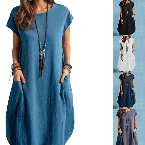 Damen lässiges Freizeitkleid mit seitlichen Taschen und Rundhalsausschnitt Drune