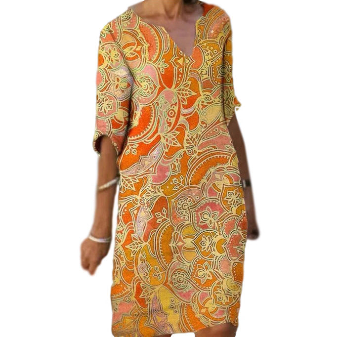 Damen Boho-Chic Strandkleid mit V-Ausschnitt und lässigem Schnitt Drune