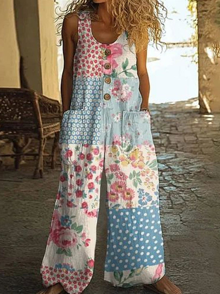 Damen Künstlerische Blumenmuster Latzhose Drune