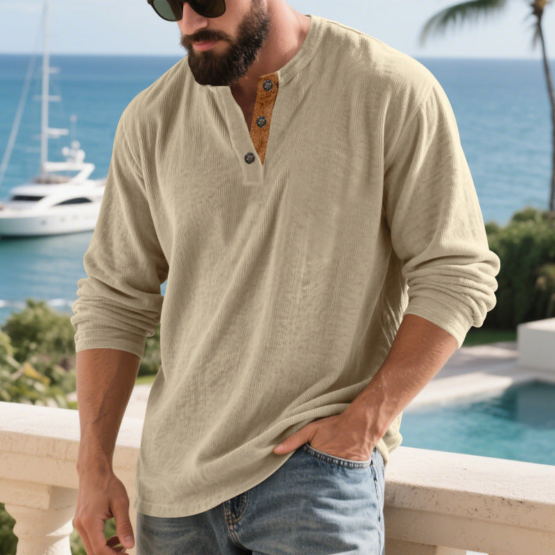 Herren Langarm-Henley-Shirt mit strukturiertem Material und modischen Knopfdetails Drune