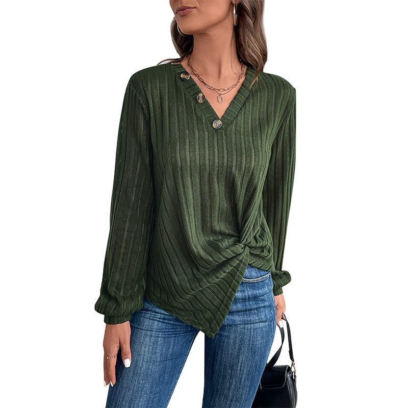 Damen modisches Langarmshirt mit V-Ausschnitt und dekorativen Knöpfen Drune