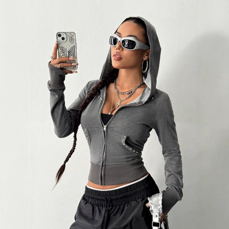 Damen sportliche Kapuzenjacke mit dekorativen Strassdetails Drune
