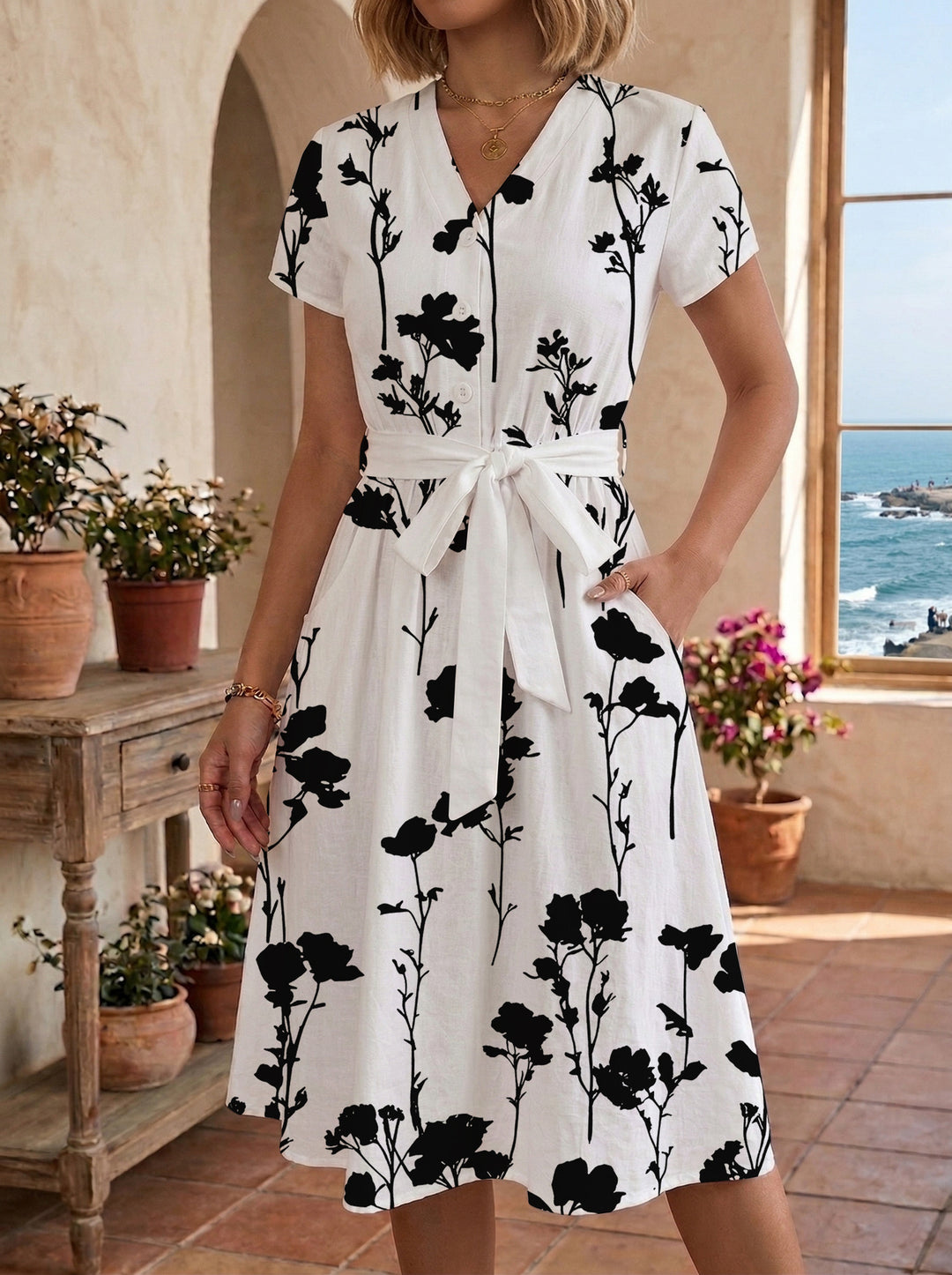 Damen Blühendes Midikleid mit taillierbarem Gürtel und kunstvollem Print Drune