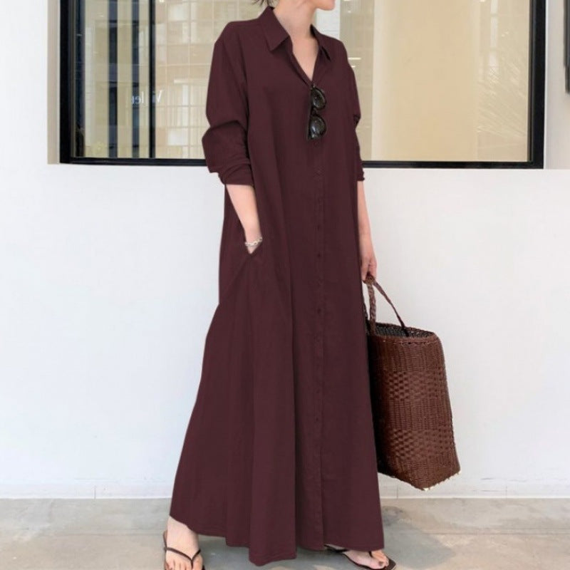 Damen Hemdblusenkleid mit langen Ärmeln und Seitentaschen Drune