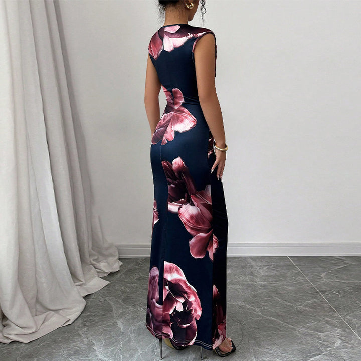 Damen elegantes Maxi-Kleid mit floralem Drapierungsdesign und figurbetonendem Schnitt Drune