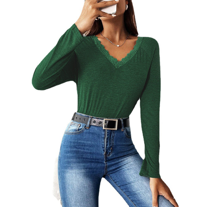 Damen Langarmshirt mit V-Ausschnitt und Spitzenakzenten Drune