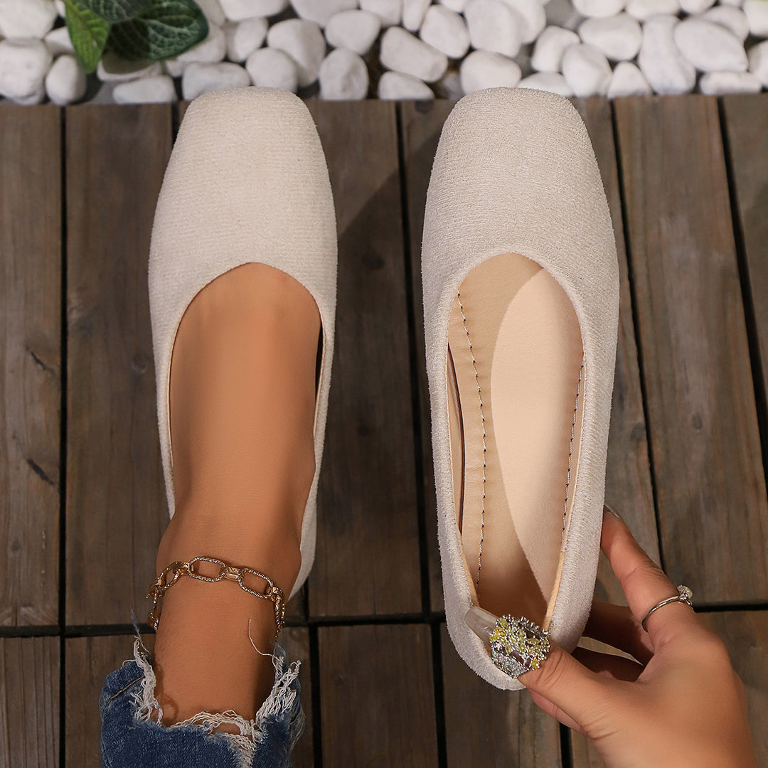 Damen nan elegante flache Schlupfballerina mit quadratischer Zehenpartie gepolstertem Komfortfußbett und Veloursoptik Drune
