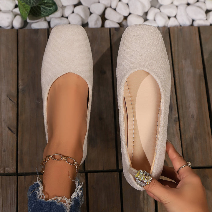 Damen nan elegante flache Schlupfballerina mit quadratischer Zehenpartie gepolstertem Komfortfußbett und Veloursoptik Drune