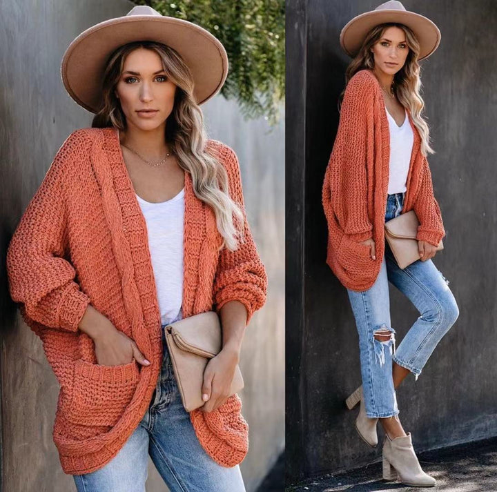 Damen Grobstrick-Cardigan mit lässigen Taschen und voluminösen Ärmeln Drune