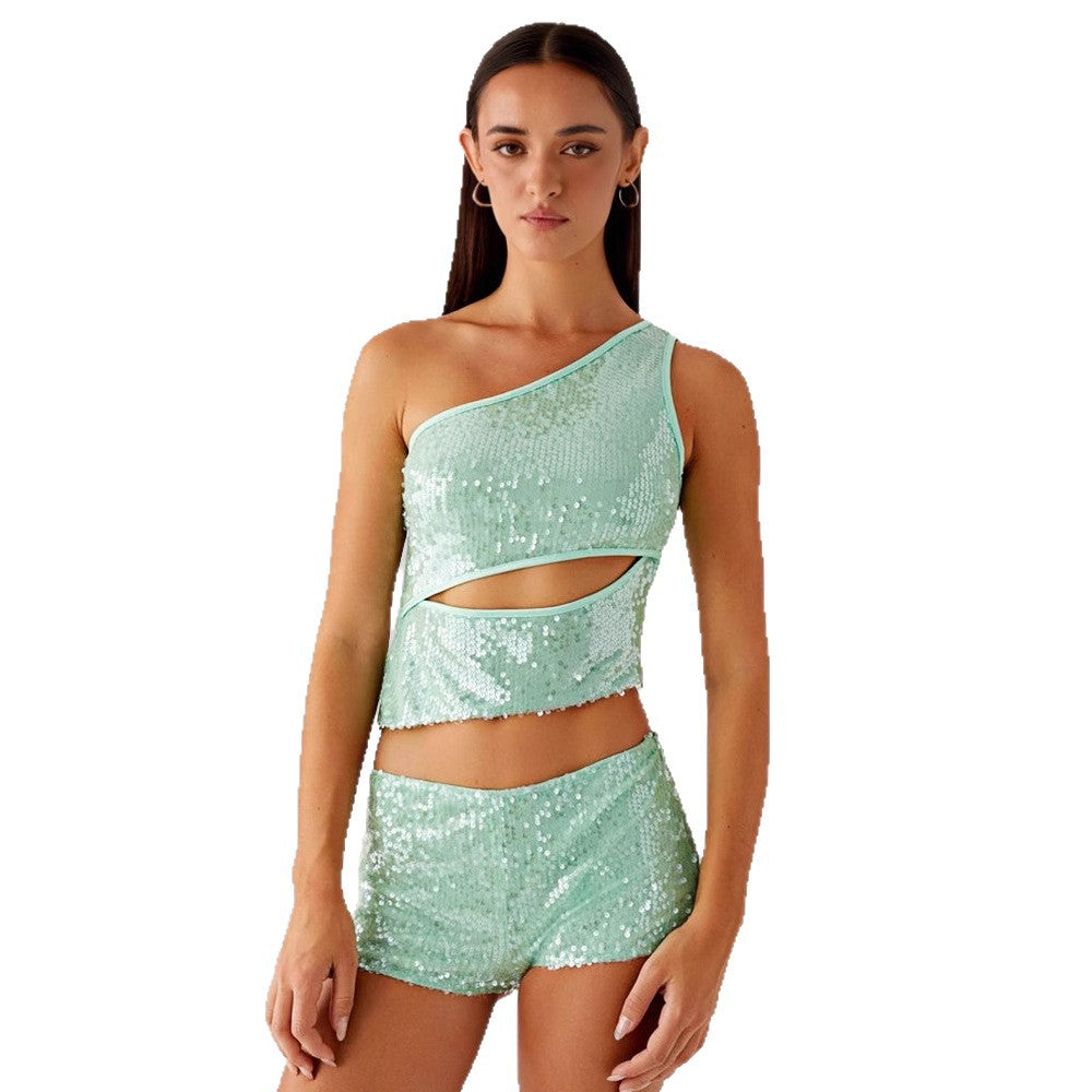 Damen Glitzernder Top und Shorts Set Drune