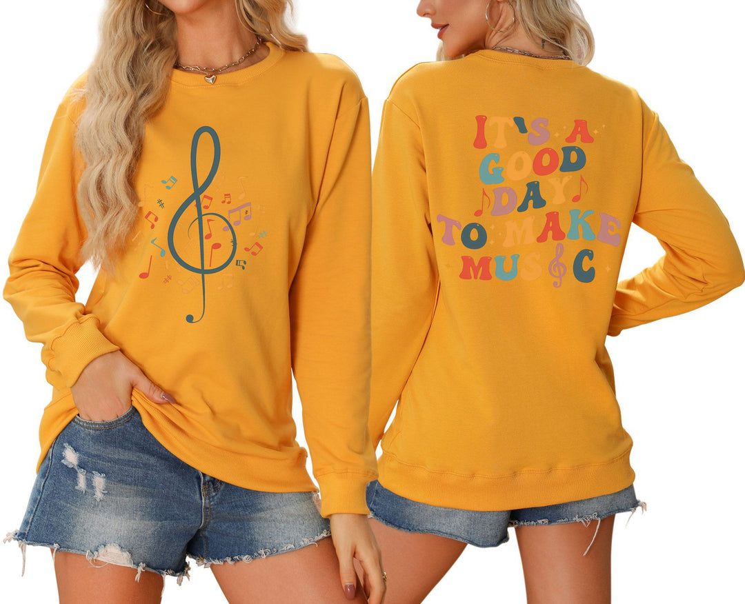 Damen Sweatshirt mit musikalischem Motiv und kreativem Schriftzug Drune