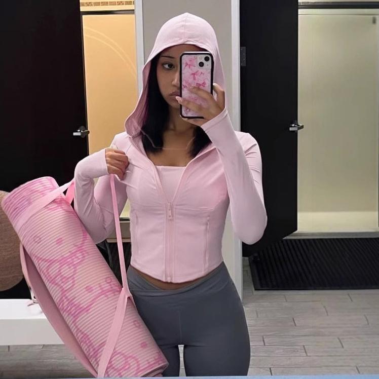 Damen nan kurzes Ripp-Kapuzenhoodie mit halbem Reißverschluss, langen Ärmeln und Daumenloch Drune