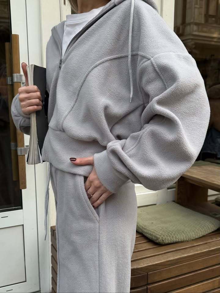 Damen Fleece Freizeitanzug mit stylischer Kapuze und elastischem Bund Drune
