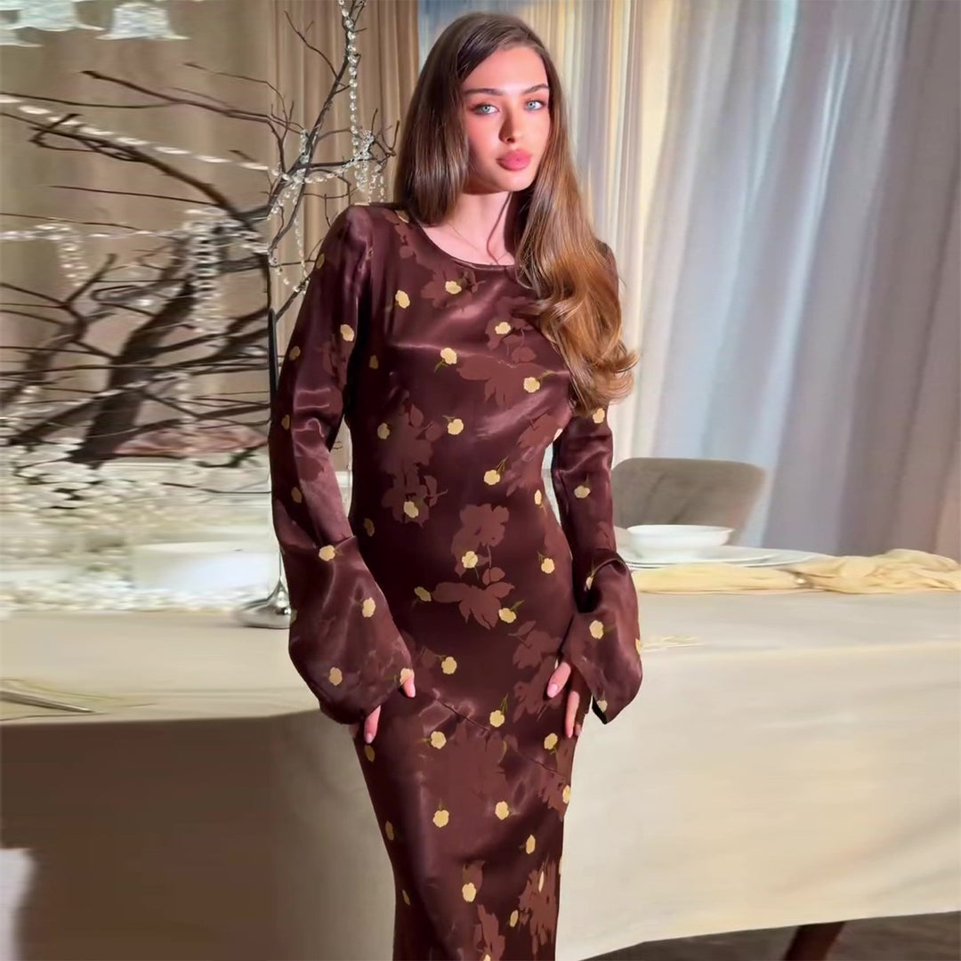 Damen Maxikleid mit elegantem Blumendruck und voluminösen Ärmeln Drune