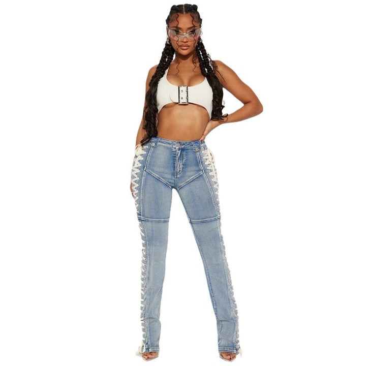 Damen Bootcut-Jeans mit dekorativen Schnürdetails Drune
