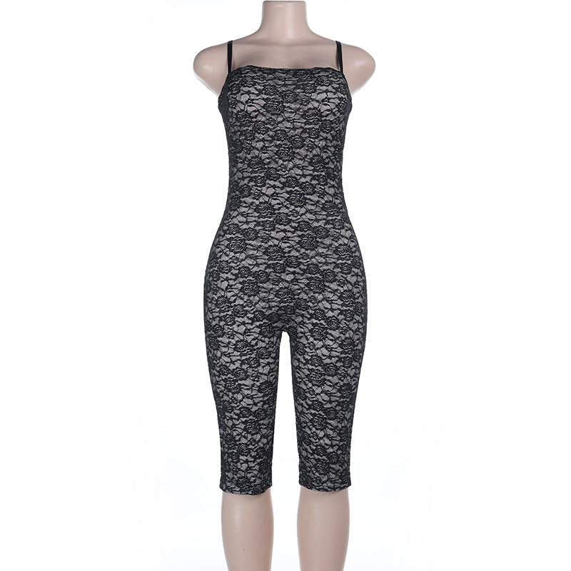 Damen Spitze Jumpsuit mit figurbetontem Schnitt und verstellbaren Trägern Drune