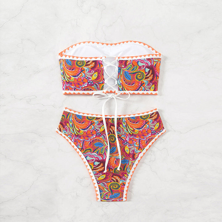 Damen Bandeau-Bikini mit buntem Psychedelic-Design und eleganten Rüschen Drune