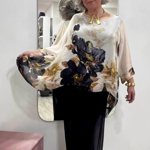 Damen nan luftige Chiffon-Tunika mit Fledermausärmeln asymmetrischem Saum und floralem Druck Drune