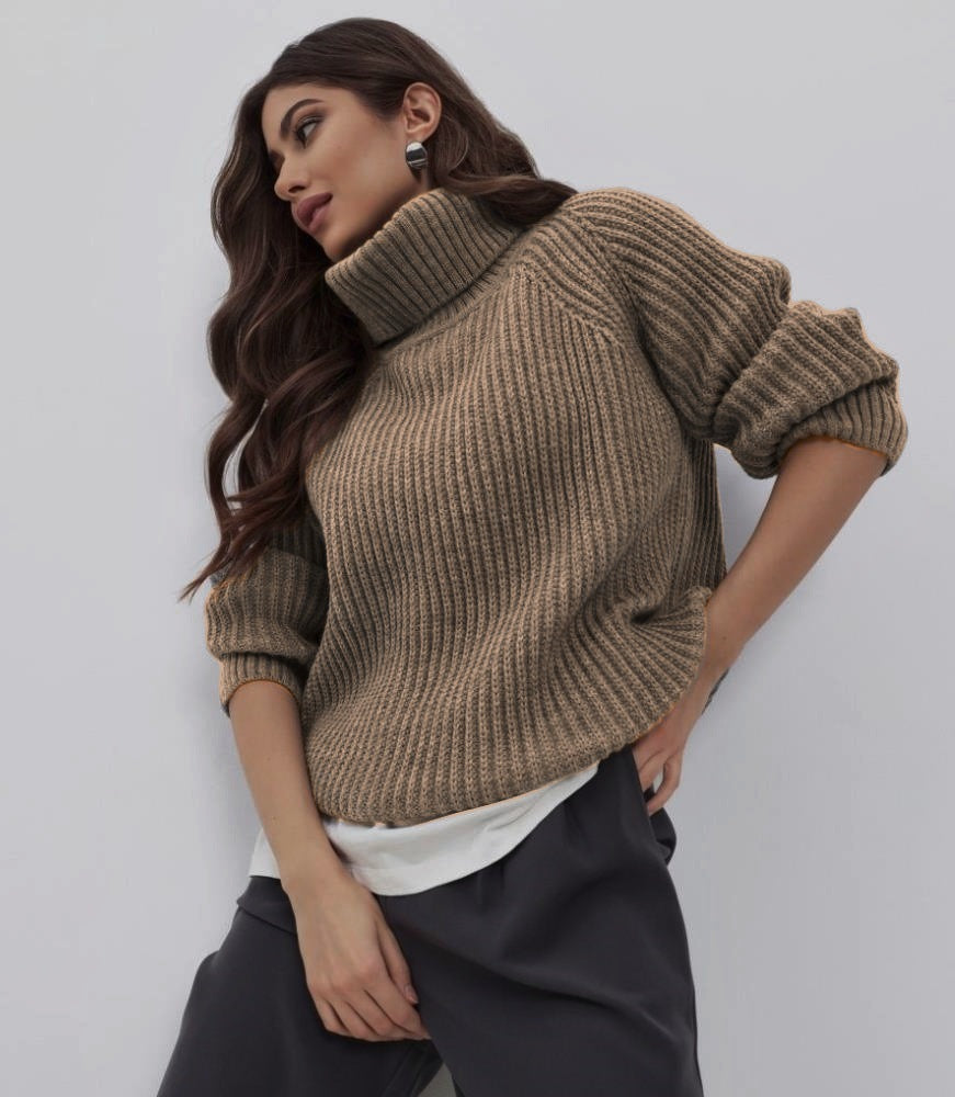 Damen Strickpullover mit hohem Kragen und Wabenstruktur Drune