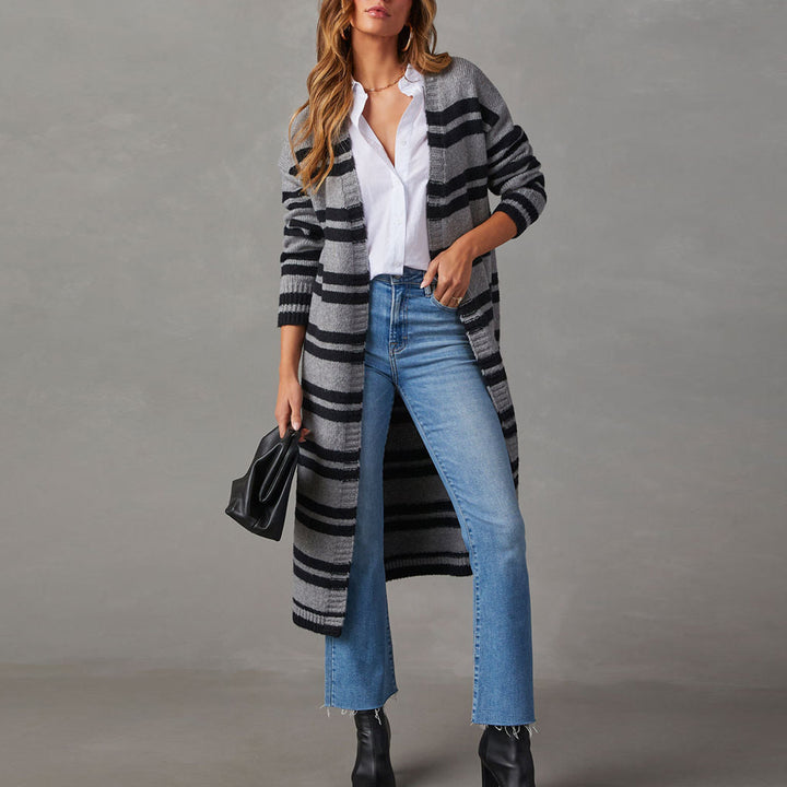 Damen lange Strickjacke mit Streifenmuster Drune