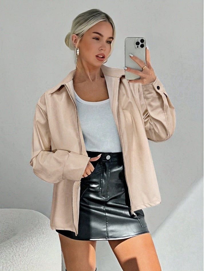 Damen leichtgewichtige Kunstlederjacke mit modernem Reißverschluss Drune