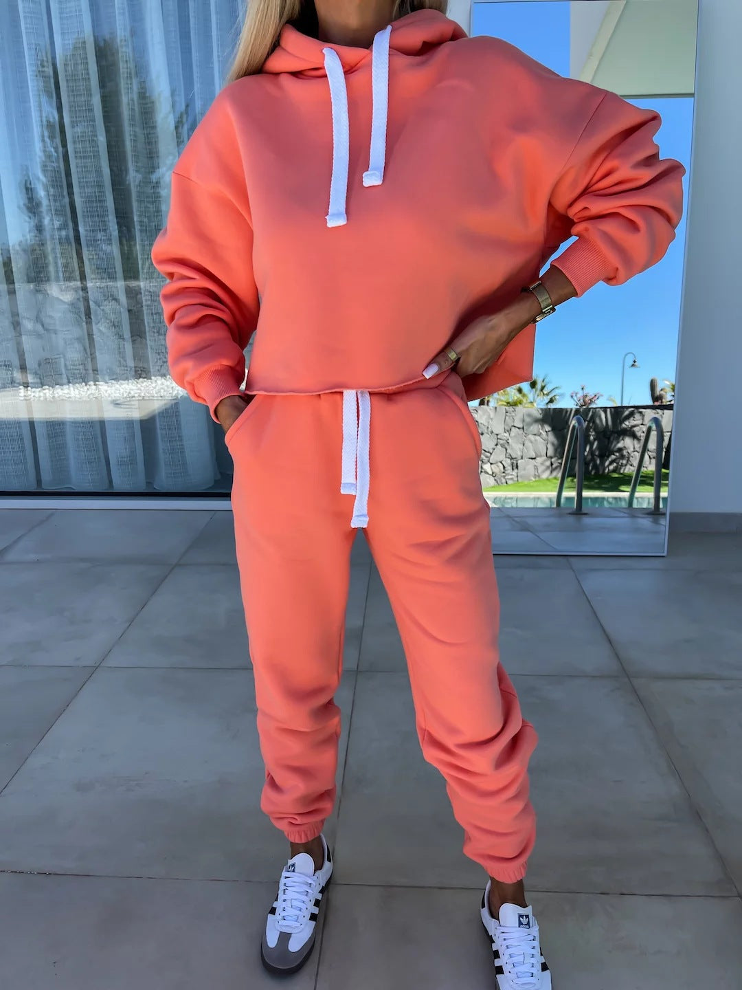 Damen bequemer Cropped Hoodie mit elastischem Bund und lässiger Jogginghose Set Drune