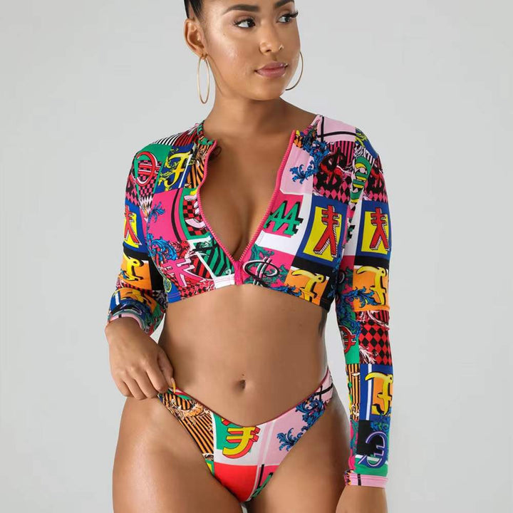 Damen Surf-Bikini-Set mit langärmeligem Oberteil und modischem Reißverschluss Drune