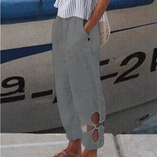 Damen nan knöchellange Culottehose mit elastischem Bund, Eingrifftaschen und floraler Saumaussparung Drune
