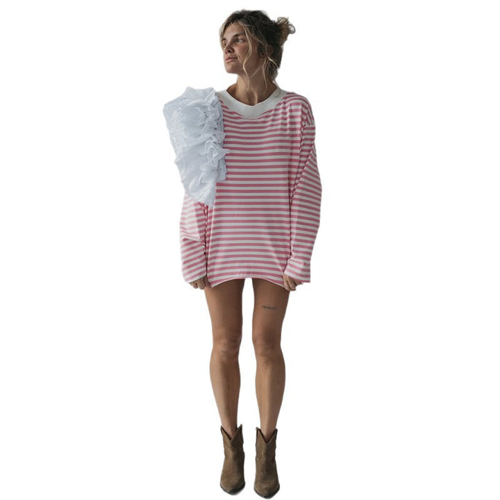 Damen Oversize Streifenpullover mit Rüschendetails Drune