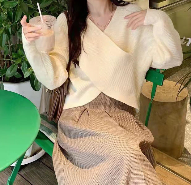 Damen Wickelpullover mit strukturiertem Rippdesign und weiten Ärmeln Drune