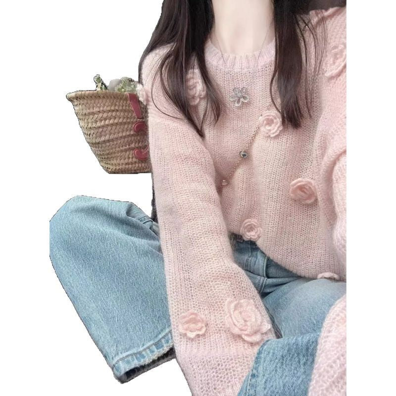 Damen Pullover mit dekorativen Blumenapplikationen Drune