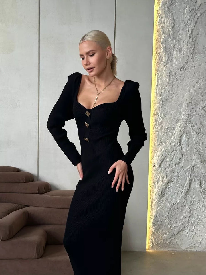 Damen Strickkleid mit schickem V-Ausschnitt und dekorativen Knöpfen Drune