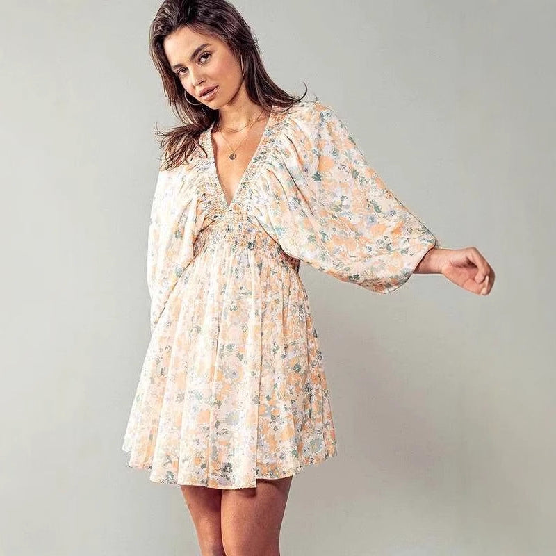 Damen romantisches Gartenkleid mit puffärmeln und elastischer Taille Drune
