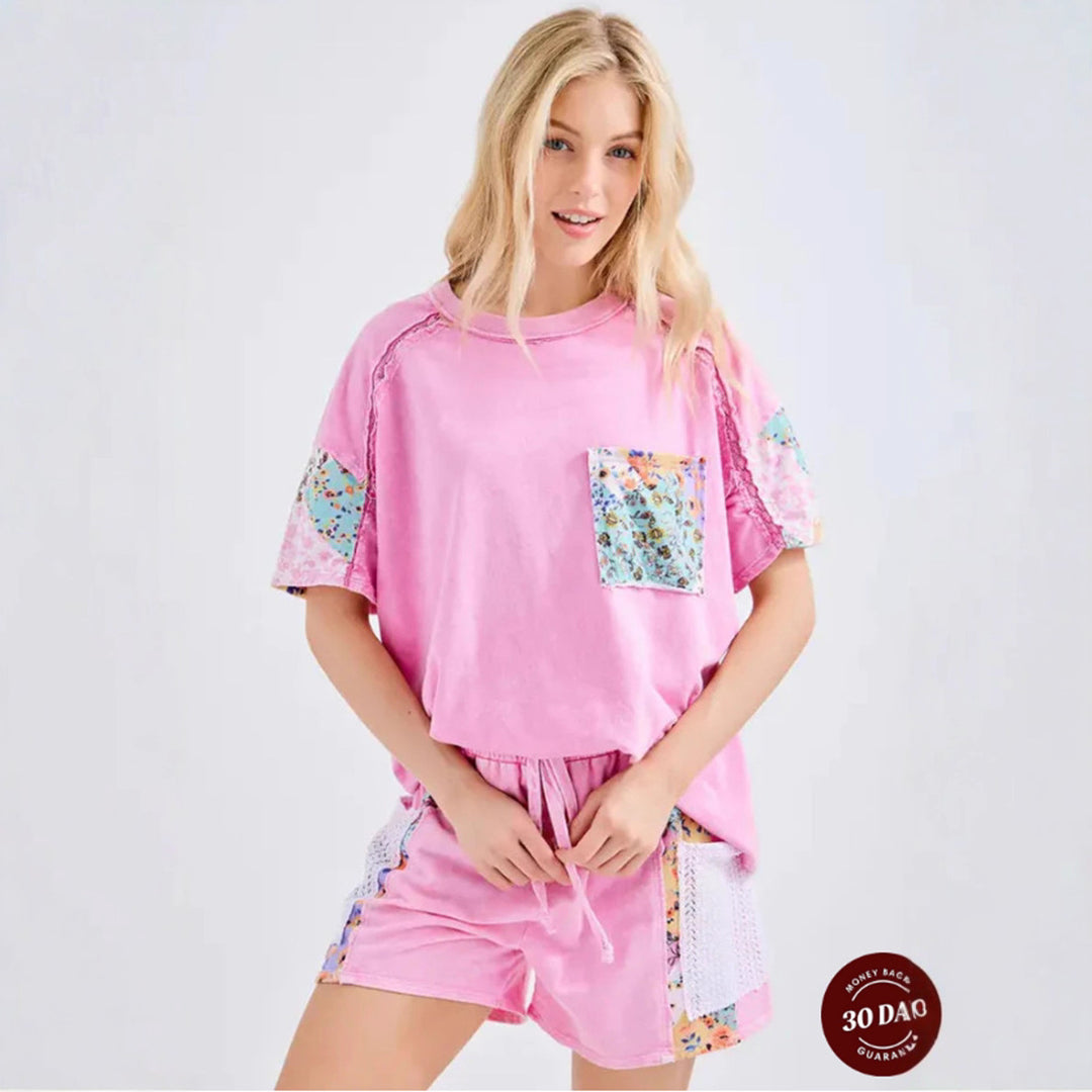 Damen nan lässiges Loungewear-Zweiteiler mit Oversize-Shirt, Kordelshorts, Patchwork-Tasche und Häkelbesatz Drune