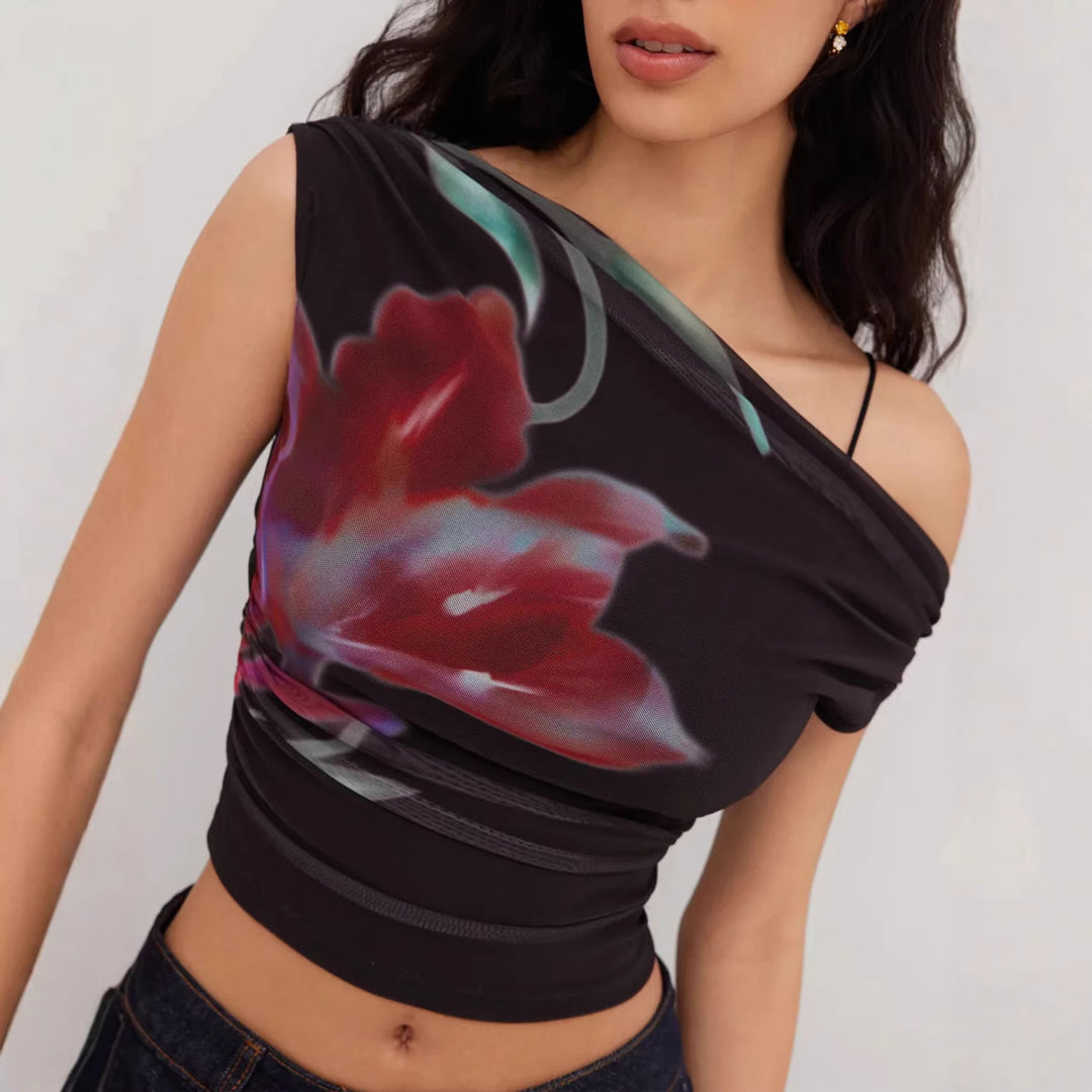 Damen Off-Shoulder Top mit floralem Design und Raffung Drune
