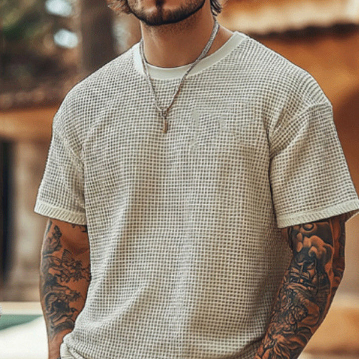 Herren lässiges Waffelstrick-T-Shirt mit Rundhalsausschnitt Drune