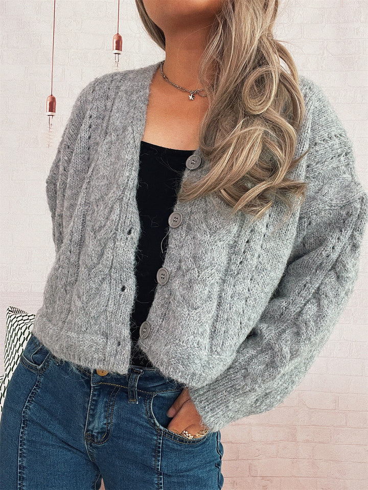 Damen kuschelige Strickjacke mit tiefem V-Ausschnitt und volumetrischen Ärmeln Drune