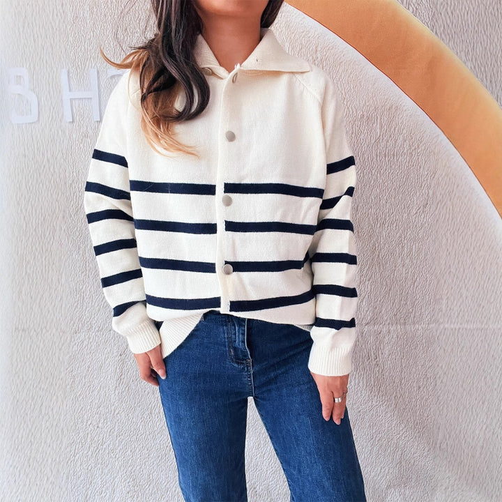 Damen gestreifter Strickcardigan mit Kapuze und Knopfdetails Drune