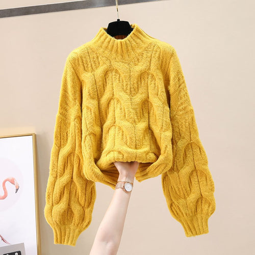 Damen kuscheliger Strickpullover mit voluminösen Ärmeln und Zopfmuster Drune