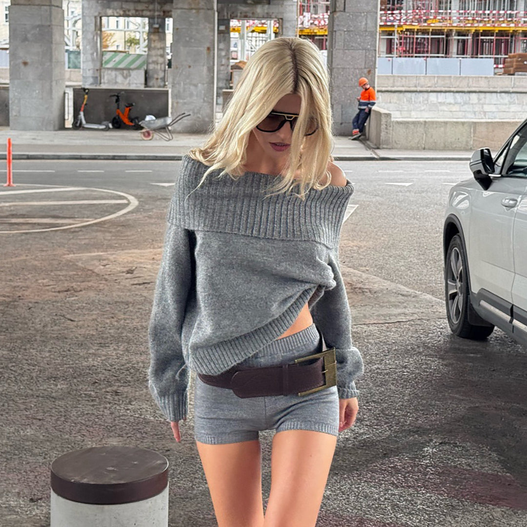 Damen Oversized Strickpullover mit verspieltem Schulterdesign und sportlichen Shorts Drune
