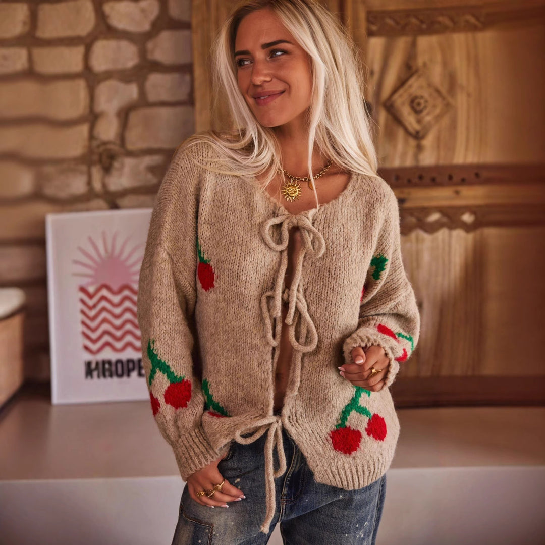 Damen lässige Strickjacke mit verspieltem Kirschmotiv und modernem Kordelzug Drune