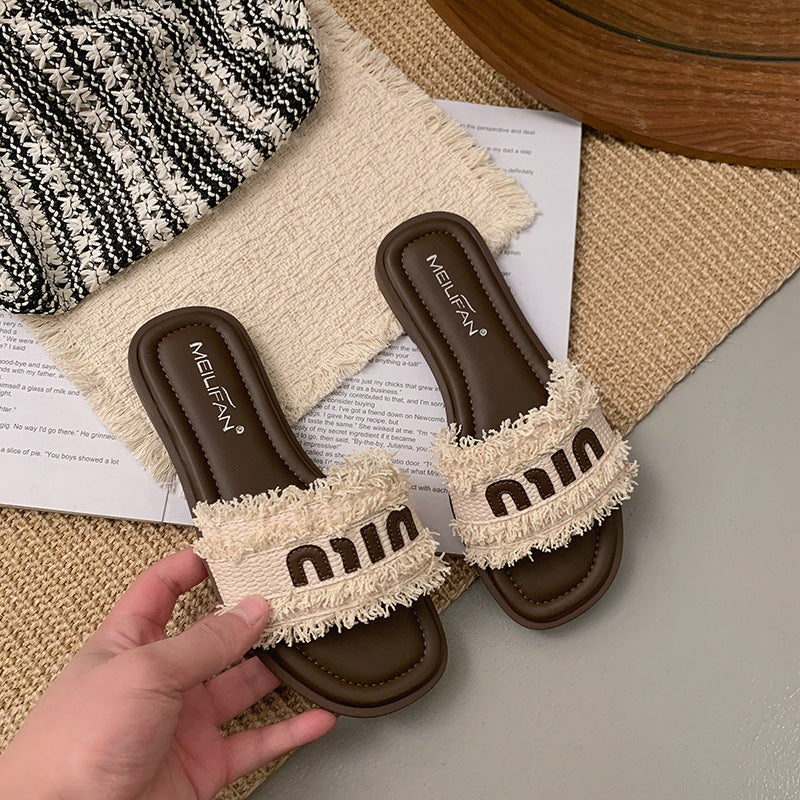 Damen bequeme Slide-Sandalen mit modischem Textiloberteil und stylischen Riemen Drune