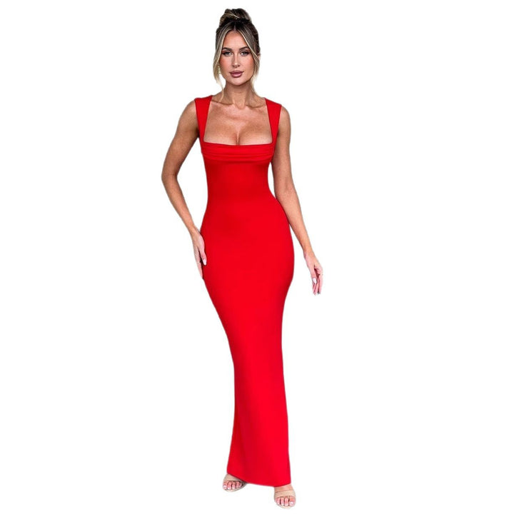 Damen Elegantes figurbetontes Maxikleid mit quadratischem Ausschnitt und tiefem Rücken Drune