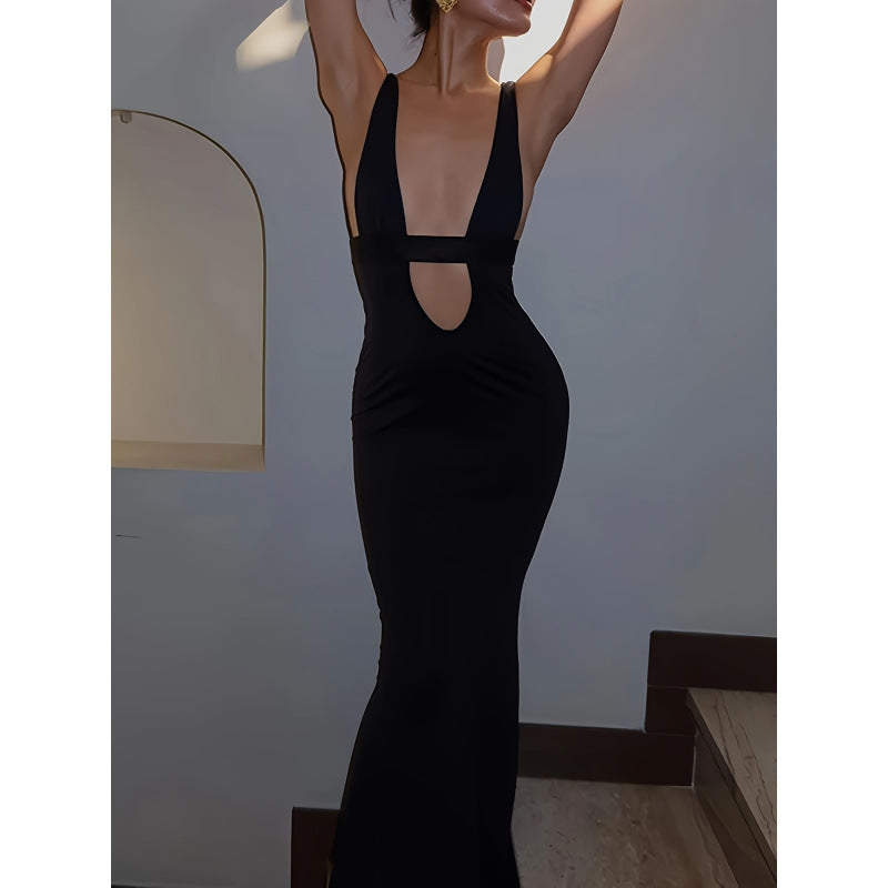 Damen figurbetontes Maxikleid mit tiefem V-Ausschnitt und elegantem Schlitz Drune