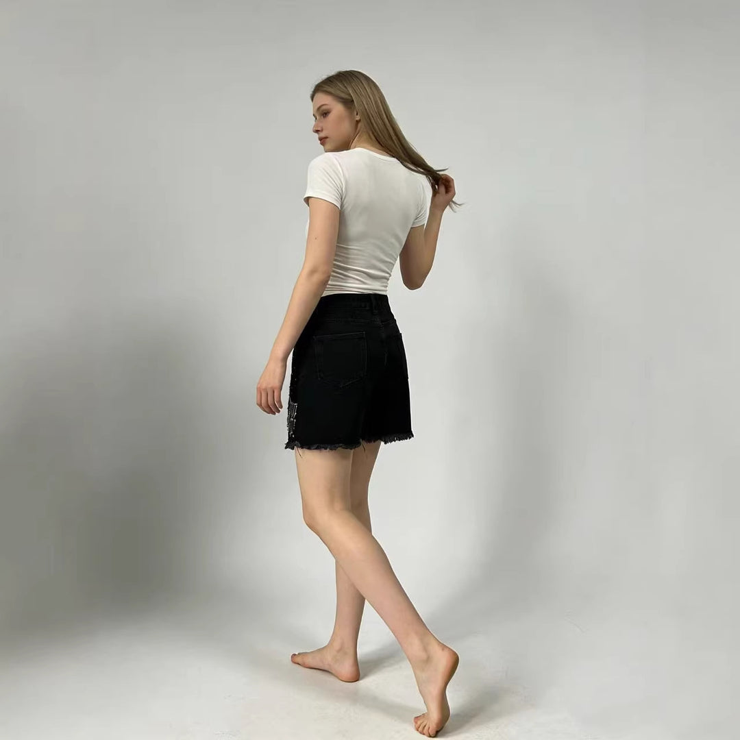 Damen Designer Denim-Shorts mit trendigen Kettenverzierungen Drune