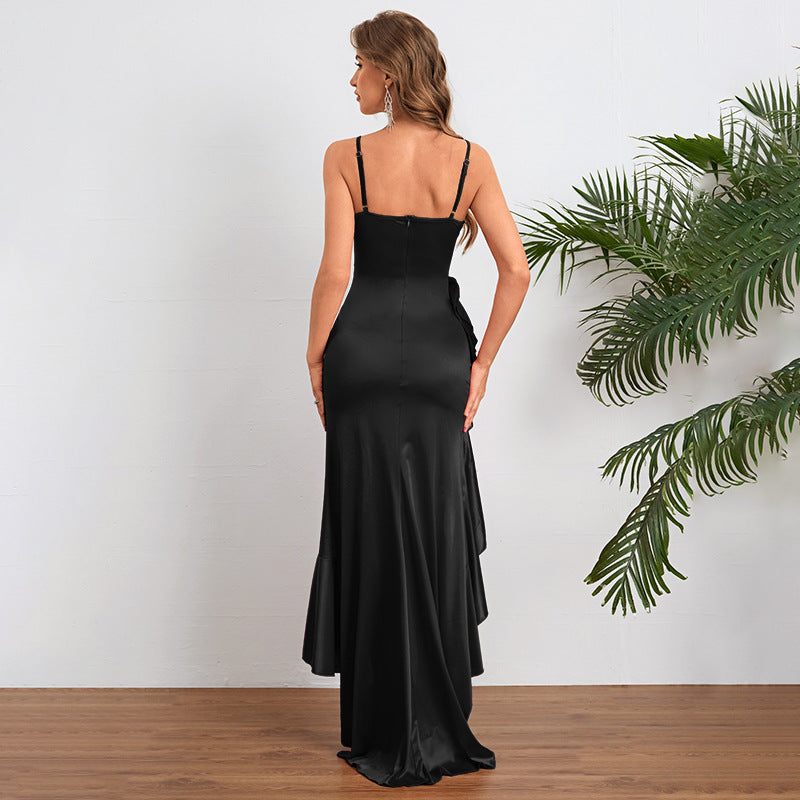 Damen elegantes Maxikleid mit seitlichem Schlitz und fließendem Rüschensaum Drune