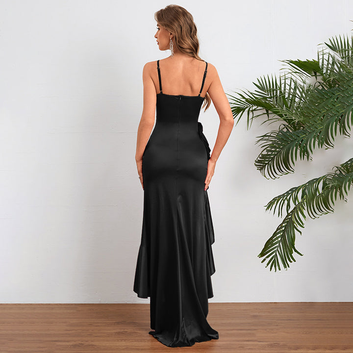 Damen elegantes Maxikleid mit seitlichem Schlitz und fließendem Rüschensaum Drune
